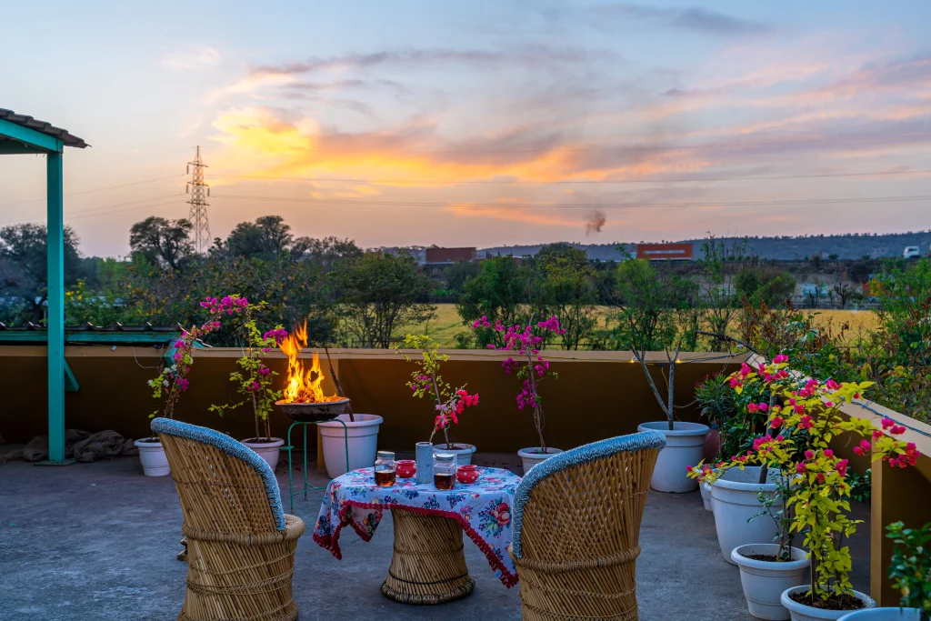 Girisadan Farmstay in Jaipur Common Space- Mountain view with Bonfire